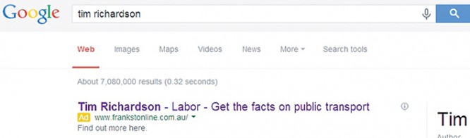 Searching questions: Google ad campaign suggests Labor candidates endorse a Liberal Party campaign website.