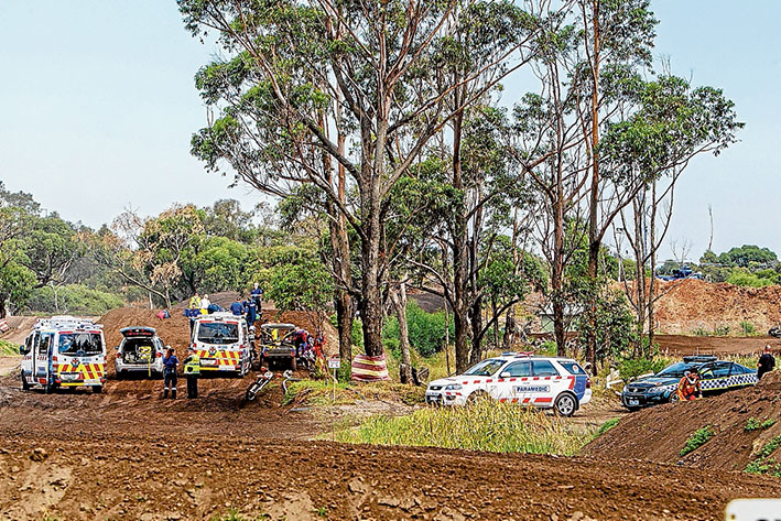 Tragedy: Paramedics and police at Frankston City Motorcycle Park in Seaford last weekend.
