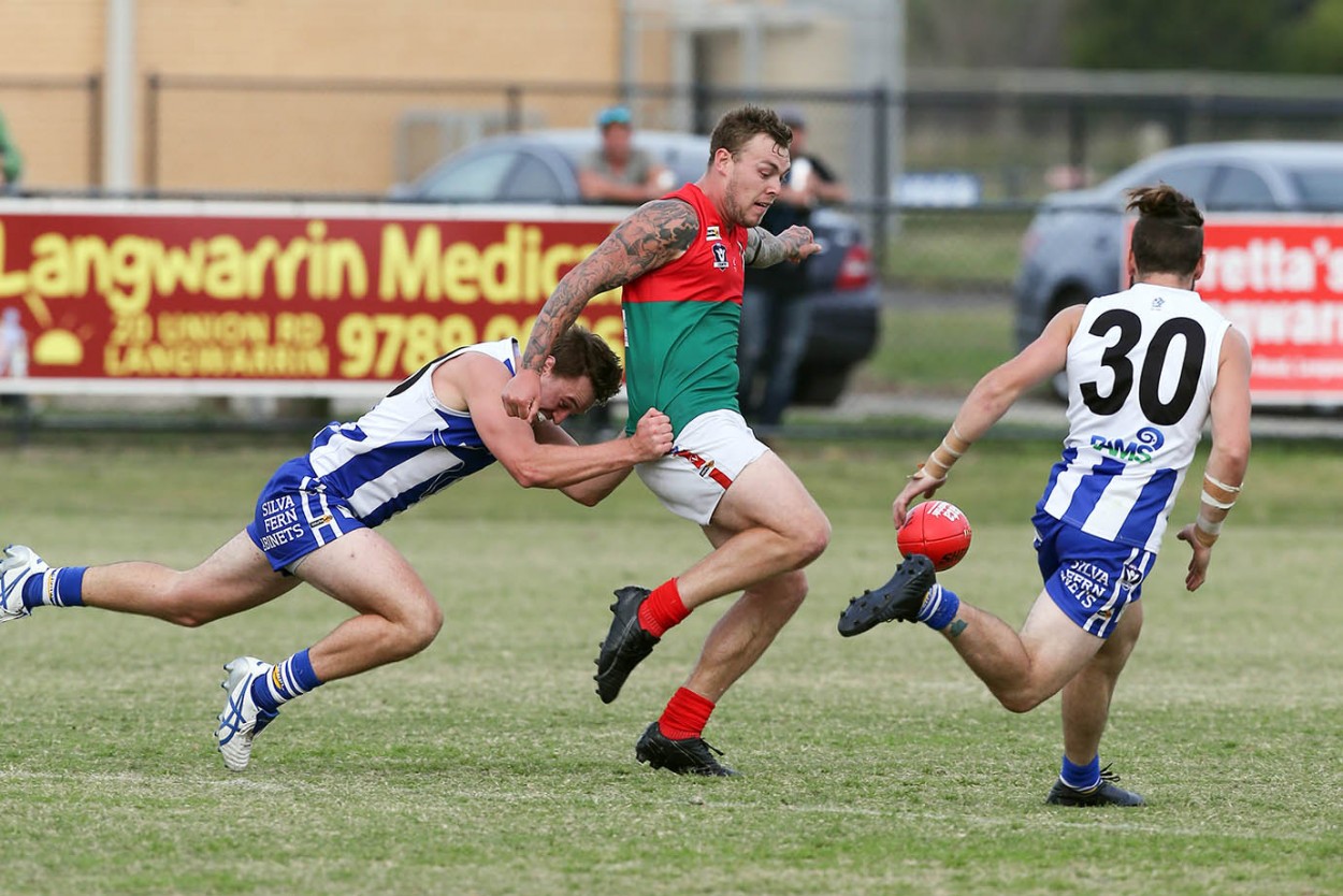 Footy’s back! Pines season off to a flyer with win over Langwarrin. Pic: Gary Bradshaw