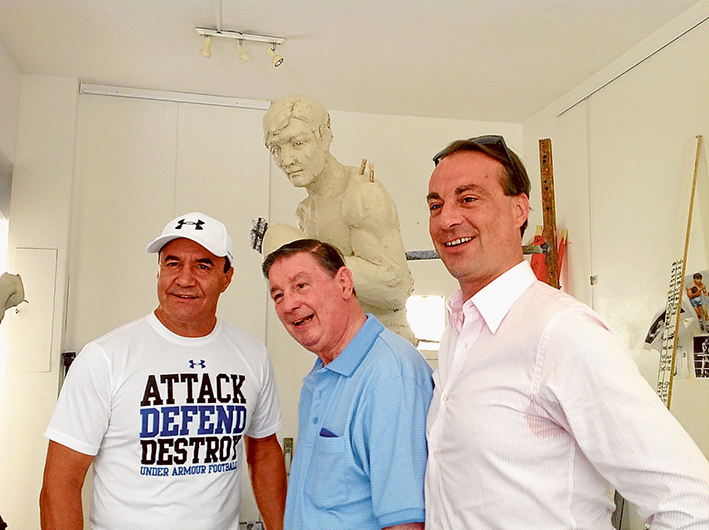 Good likeness: Jeff Fenech, Johnny Famechon and son Paul Famechon inspect the statue at sculptor Stephen Glassborow’s studio.