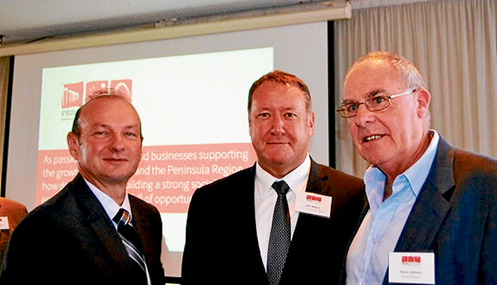 City guide: Committee for Ballarat CEO John Kilgour (centre) with Frankston Council CEO Dennis Hovenden (left) and Proudly Frankston’s Kevin Johnston, after Mr Kilgour’s talk about establishing a regional committee to promote sustainable development.  Picture: Marge Harrison