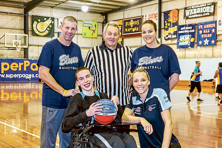 Funding slam dunk: Steve Blackley, left, Nepean School student Sean Lynch, Wally Grivins, Kelly Bowen and Madeleine Garrick, front right, look forward to improved facilities at Frankston Basketball Stadium. Picture: Gary Sissons