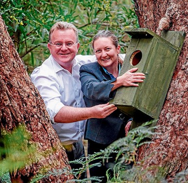 Birdhouse proud: Dunkley Liberal MP Bruce Billson with conservationist Ella Boyen at Langwarrin woodlands. Picture: Gary Sissons