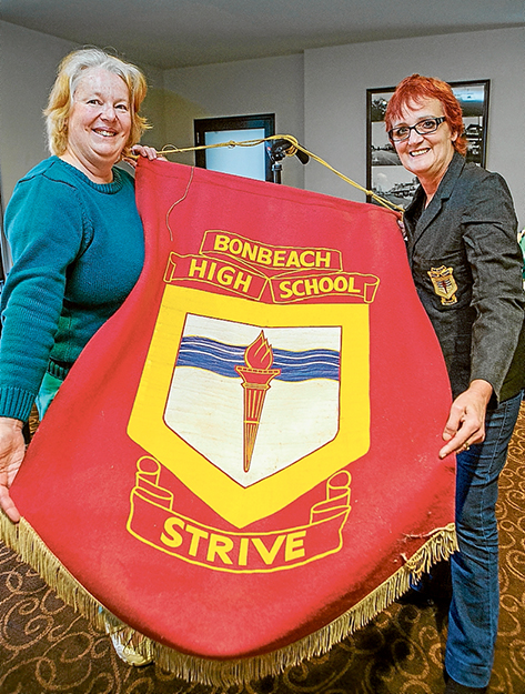 School days recalled: FORMER Bonbeach High students Sandra Hodgson and Chrissy Dunmall are keen to gauge interest in a 60th reunion for the school in 2017. The duo attended a Back to Chelsea reunion at the weekend and Ms Dunmall fitted into the display school uniform jacket with ease.