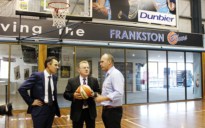 Three pointer: Frankston City Council Mayor Cr James Dooley, Bruce Billson MP, and Nathan Jolly from Frankston and District Basketball Association discuss how the project will help the community.