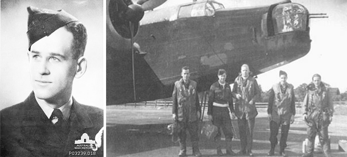 Off to war: Left, a young Don Charlwood in Canada in 1942. Above, Don Charlwood, Geoff Maddern, Ted Batten, Max Burcher and Arthur Browett flew their first operational mission from Lichfield to Bremen on 13 September 1942 and shortly afterwards were posted to 103 Squadron at Elsham Wolds.