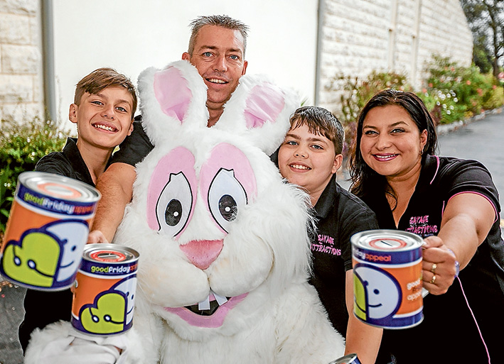 Good Frankston appeal: Simon, left, Jacob, Liam and Rebecca Savage with Easter Bunny (AKA Hayley Laird) hope Frankston families will support this year’s Good Friday Appeal. Pic: Yanni