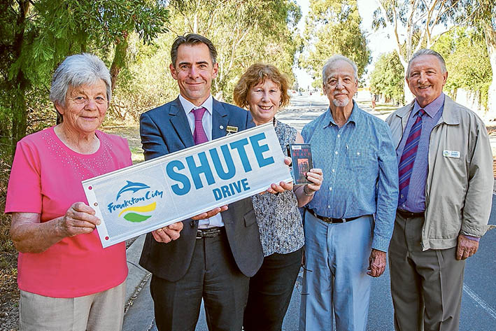 Drive for recognition: Nevil Shute Foundation librarian Nancy Anderson, left, mayor James Dooley, Margaret Foulds, David Dawson and Cr Colin Hampton at the official street naming ceremony in honour of novelist Nevil Shute. Picture: Gary Sissons