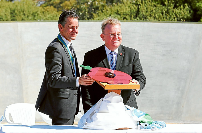 Funding partners: Mayor James Dooley, left, and federal Liberal Dunkley MP Bruce Billson at the official unveiling of the new Frankston war memorial at Beauty Park. Picture: Steve Brown