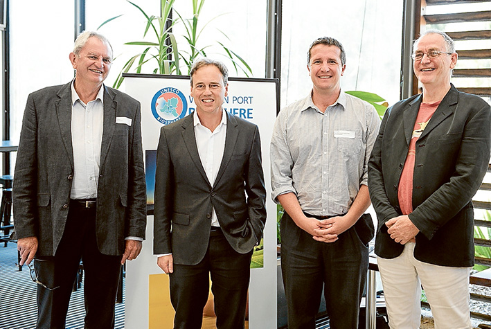 Pest controllers: chair Western Port Biosphere Duncan Malcolm; Environment Minister Greg Hunt; Growing Connections project officer Chris Chambers; and Professor John Woinarski. Picture: Supplied