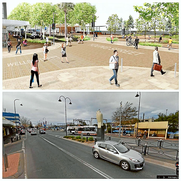 Then and now: Artist’s impression, top, of future of Frankston’s Young St, bottom. Source: VicRoads