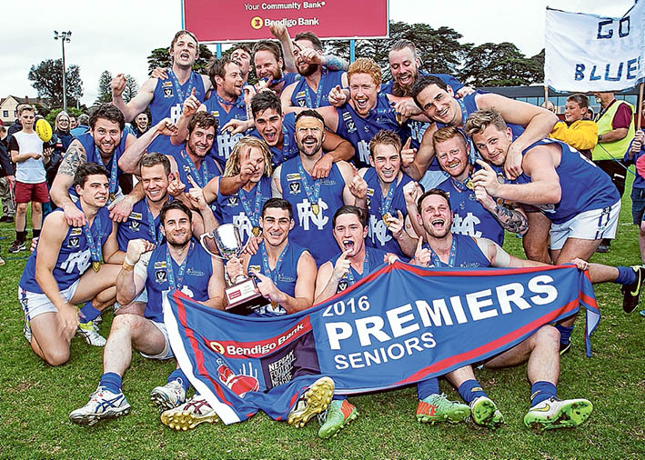 Winners are grinners: Hastings claimed the big prize by downing Frankston Bombers in the 2016 Nepean League Grand Final on Saturday. Pictures: Andrew Hurst