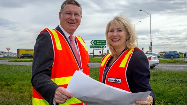New road rules: Premier Denis Napthine and Mordialloc MP Lorraine Wreford at the proposed starting point of the Mordialloc bypass. Picture: Gary Sissons