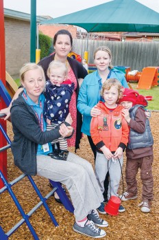 Awaiting certainty: Parents Simone Kolb, left, Tenille Northam and Vicky Vriesen are keen to know when federal funding for Chelsea Occasional Child Care Centre will be available for children Matilda, left, Tate and Nate’s sake. Picture: Gary Sissons