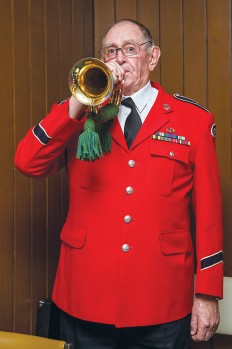 Sounding off: Frankston City Band bugler Neville Lloyd played The Last Post at last week’s council meeting to protest at ongoing delays to the relocation of Frankston’s war memorial. Picture: Gary Sissons