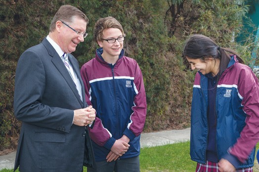 Premier Denis Napthine talks to Patterson River Secondary year 10 captains Oscar Aust and Jasmine Azemi. Picture: Gary Sissons