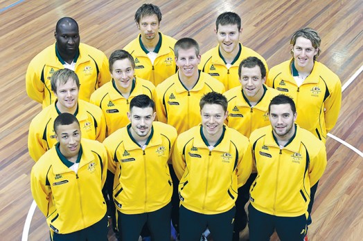 High hopes: David Andersen, at rear, second from left, and Ryan Broekhoff, middle, second from left, and their Boomers teammates are on their way to Spain.