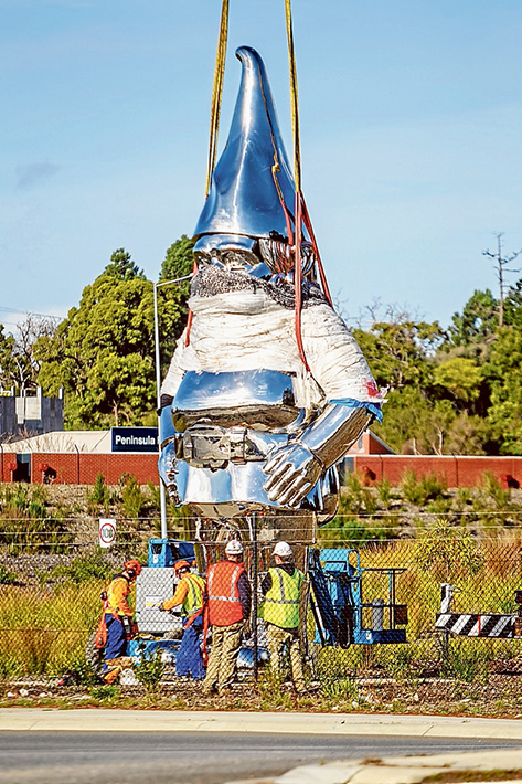 It’s a wrap: Greg Kregar’s Reflective Lullaby gnome is installed alongside Peninsula Link. Picture: Yanni