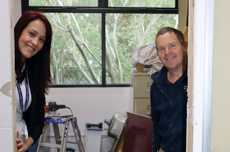 Doorway to success: McClelland College’s Sarah Williams and South East Water’s Bruce Phillips at the school’s wellbeing centre.