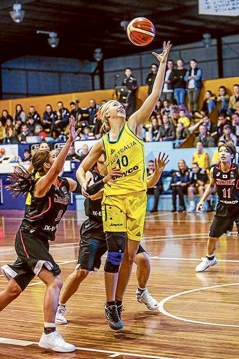 Eyes on the ball: Opals’ Rachel Jarry shoots for goal during the Australia versus Japan basketball match at Frankston stadium last week. Picture: Gary Sissons