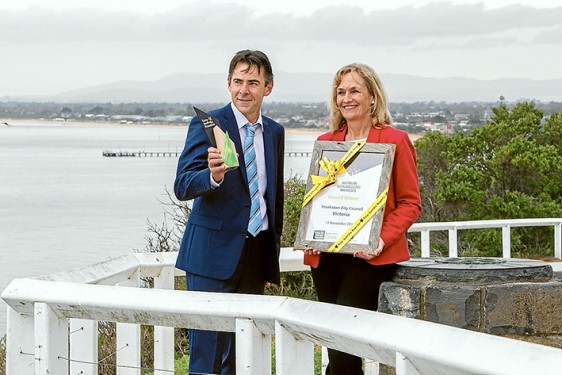 Trophy hunters: Mayor James Dooley and Frankston Council environmental education officer Debbie Coffey know Frankston deserves its ‘Sustainable City of the Year’ win. Picture: Gary Sissons