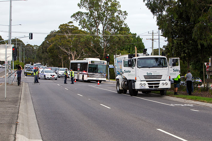 Truck on Frankston Cranbourne Rd and traffic being diverted.  Picture: Gary Sissons