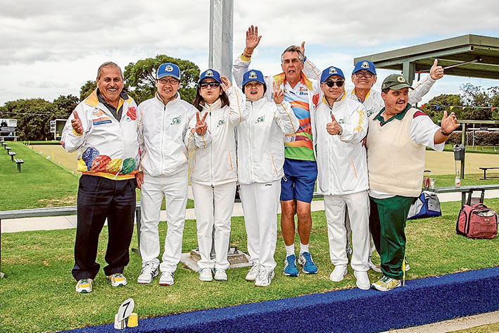 Eyes on the prizes: Some of the international visitors to the Easter Open Pairs bowls tournament at Frankston Bowls Club. Picture: Gary Sissons