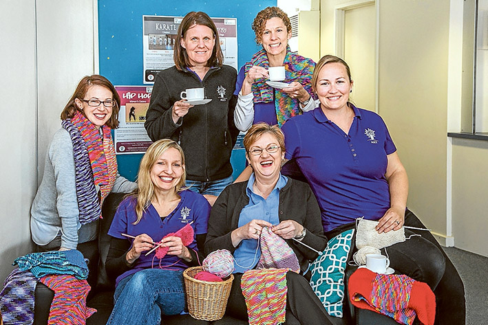 Knitting together: Angela, left, Taya, Kim, Cathy, Bec and Jaz enjoy the company at Aspendale Gardens Community Service. Picture: Gary Sissons