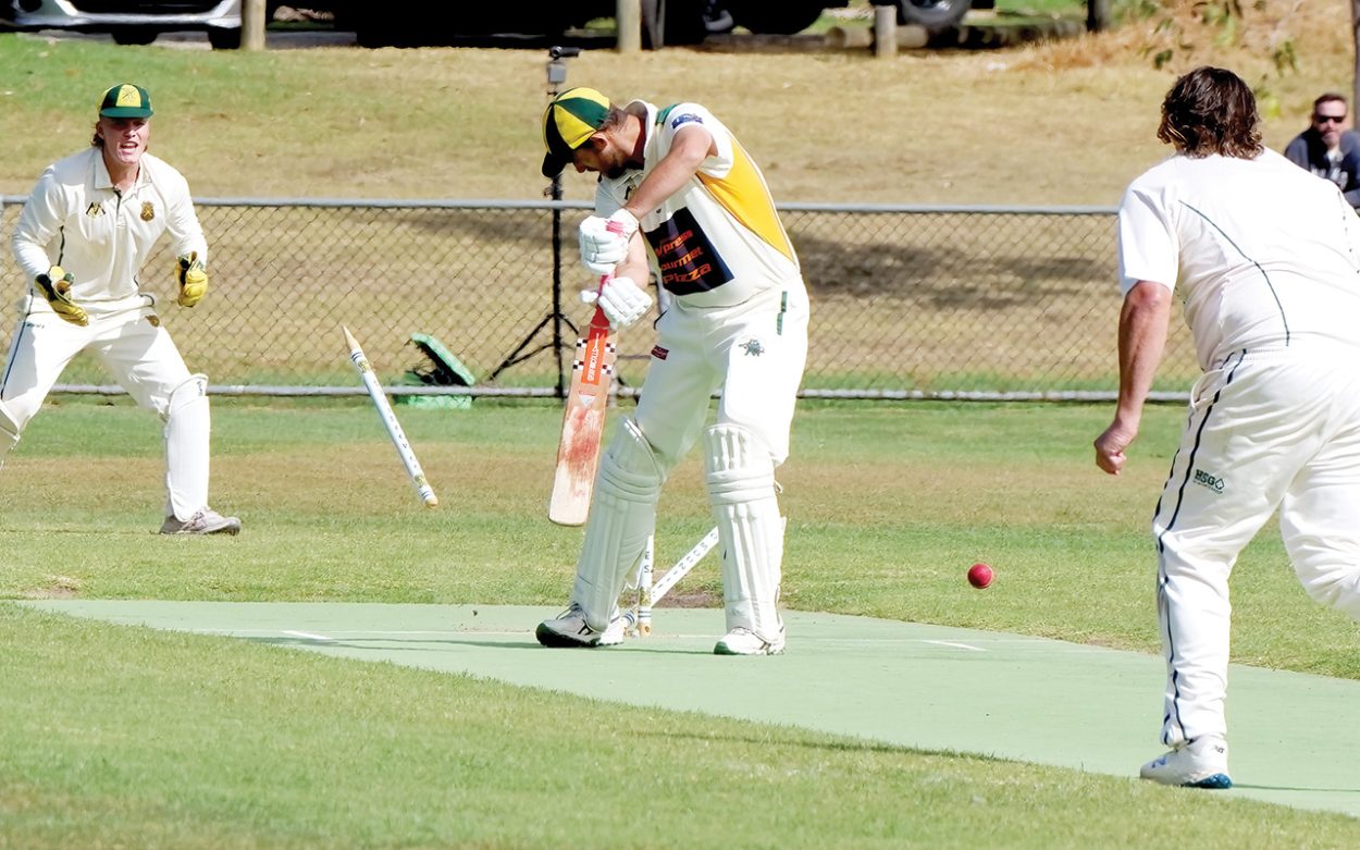 Gone: Nathan Smith had Mt Eliza up and about for a brief period when he got the wicket of Arthur McKenzie and then Dale Irving in quick succession. Here he is sending McKenzie to the changerooms.