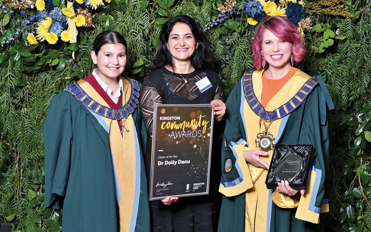 Dr Dolly Daou (pictured left with Kingston mayor Jenna Davey-Burns and former junior mayor Alexandra Shewan) was named Kingston’s best citizen for her work in the sustainability space. Picture: Supplied