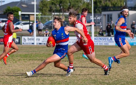 Footy 101: Mornington and Sorrento battled it out all day on Saturday, only to finish in a draw. The final result identical for each team, 15.11 (101). Picture: Craig Barrett