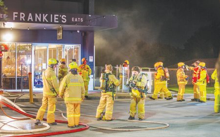 POLICE fight a fire at Frankie’s Cafe in Carrum Downs last week. Pictures: Gary Sissons