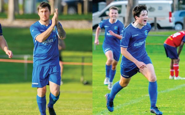 Flying high: Skye United’s scorers Mitch Blake (left) and George Jeffs in action during Saturday’s 2-0 win over league leader Hampton East Brighton. Pictures: Jordan Martin
