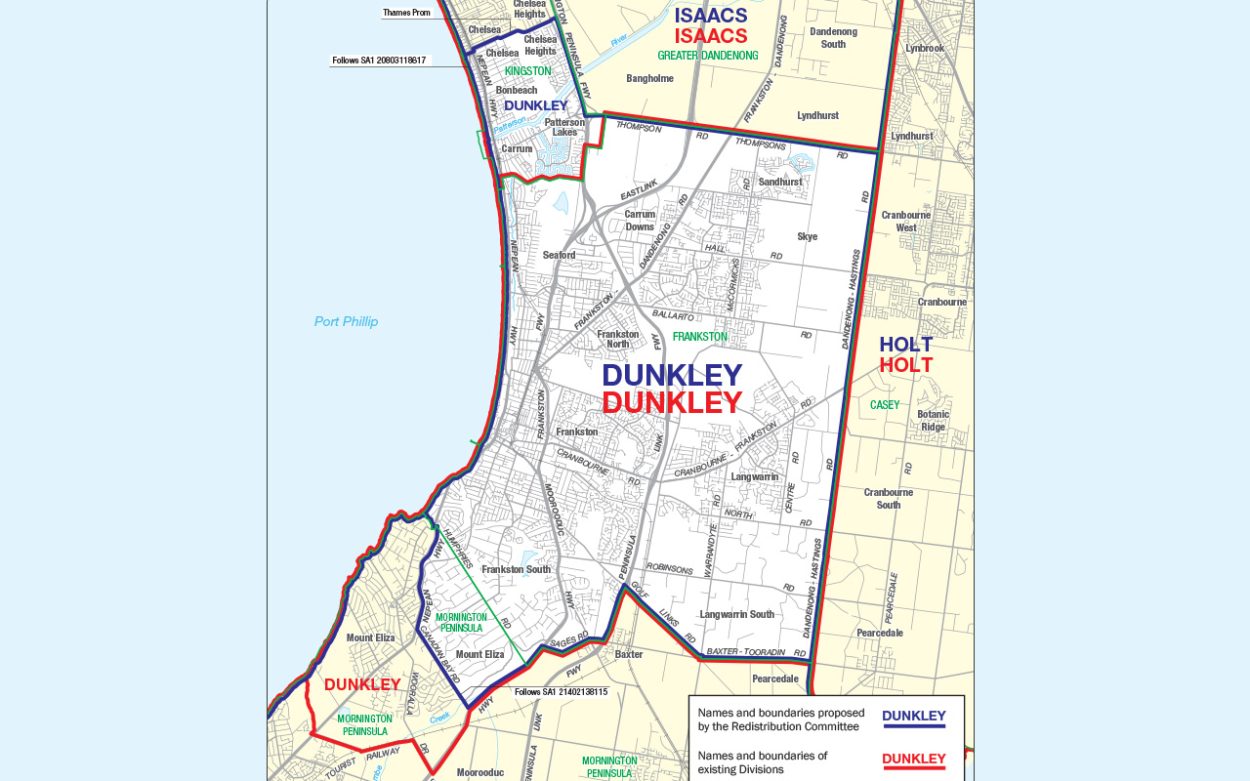 THE AEC’s proposed new boundary for Dunkley (blue) and its existing boundary (red). Picture: Supplied