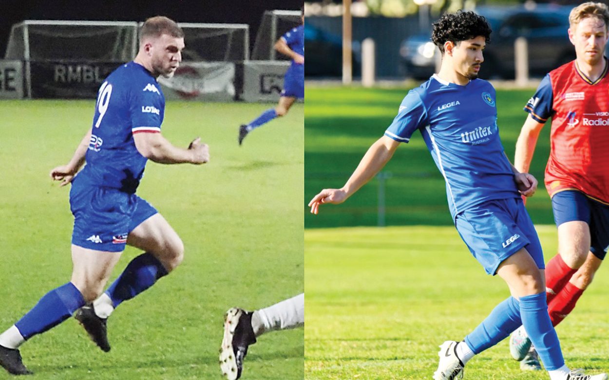 Goal getters: James Kelly (left) converted a penalty to earn Langwarrin a draw on Saturday while Skye United’s Mahdi Khanmohammadi scored the winner for Skye United last Thursday night. Pictures: Darryl Kennedy and Jordan Martin