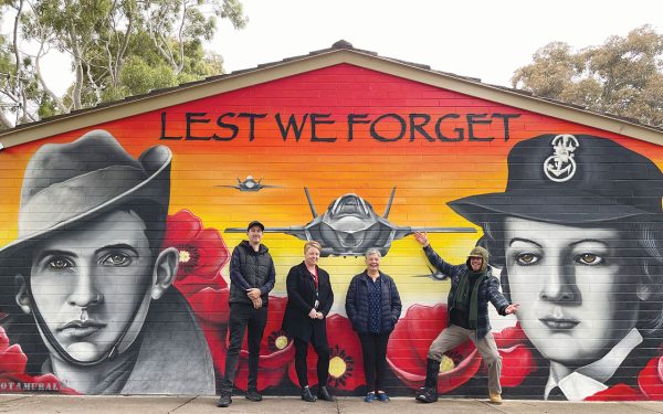 ARTIST Sheldon Headspeath. Vasey RSL’s Amanda Smith, resident Jan Fraser, and Ashton. Picture: Supplied