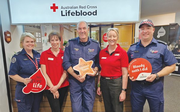 CFA Westernport Group community safety coordinator Ally Smith, group officer David Breadmore, and Hastings firefighter Jonathan Rendell with Lifeblood Group’s Sarah Lacey and Janet Brangsch. Picture: Supplied