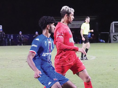 New signing: Cooper Legrand (right) and Langwarrin’s Barath Suresh in action at Lawton Park last season. Picture: Darryl Kennedy