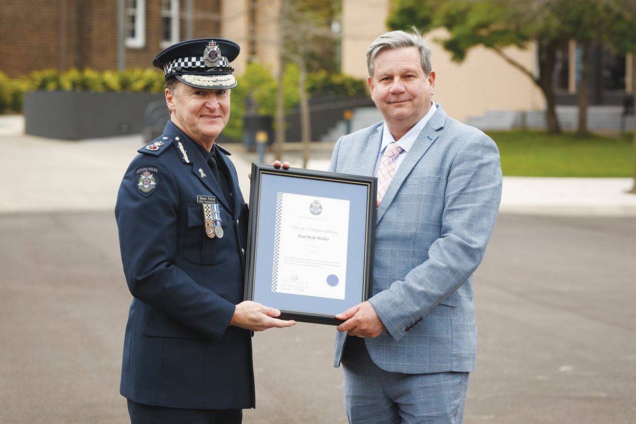 RETIRED police officer Paul Weller and Victoria Police chief commissioner Shane Patton. Picture: Parade Pics